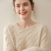 Cashmere Cable Knit Crew Neck Relaxed Fit Pullover Sweater with Ribbed Cuffs
