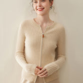 Women’s Cashmere Slim Fit Round Neck Knit Top Ribbed Zip Cardigan Sweater