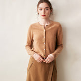 Cashmere Crew Neck Button Front Cardigan Fine Knit Ribbed Hem Sweater