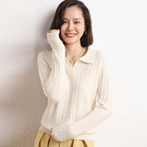 Women’s Soft Cashmere Cable Knit Polo Collar Sweater Lightweight Pullover Top