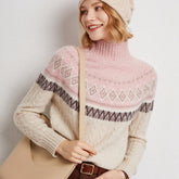 Women’s Soft Cashmere Cable Knit Fair Isle Pattern Turtleneck Sweater