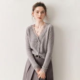 Cashmere Lace Trim V-Neck Button Front Cardigan Soft Knit Sweater Top