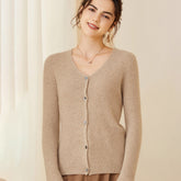 Ribbed V-Neck Soft Knit Button-Up Cashmere Cardigan