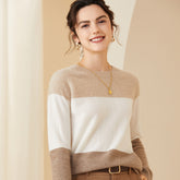 Women's Soft Knit Crewneck Mixed Color-Block Cashmere Sweater