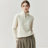 Cashmere Half-Zip Turtleneck Sweater Ribbed Knit Pullover with High Collar