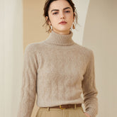 Women's Cashmere Warm Turtleneck Sweater Textured Cable Knit Top