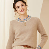 Women's Crewneck Cashmere Sweater with Contrast Stripe Trim
