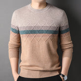 Crew Neck 100% Pure Cashmere Geometric Stripe Pattern Sweater