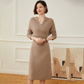 Women's V-Neck Long Wrap Ribbed Wrap Midi Knit Sweater Dress