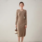 Slim V-Neck Cashmere Long Skirt Loose Knitted Midi Dress