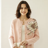 Crew Neck Floral Button-Up Embroidered Knitted Sweater Cardigan