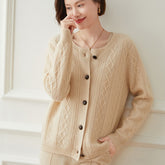 Crew Neck Button Twisted Cashmere Cable Knit Cardigan Sweater