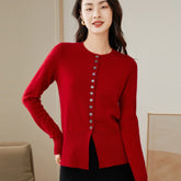 Cashmere Crew Neck Waist Slit Button-Up Cardigan Knit Sweater