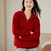 Ribbed Pullover Collar Half-Zip Turtleneck Cashmere Sweater