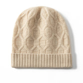 Pure Cashmere Geometric Knit Pattern with Ribbed Hem Beanie