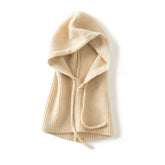 100% Cashmere Knitted Hooded Hat Scarf with Adjustable Drawstring