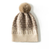 Fair Isle Cashmere Beanie with Fur Pom Pom Soft Warm Knitted Cap