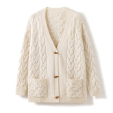 100% Cashmere Cable Knit V-Neck Button Front Loose Cardigan