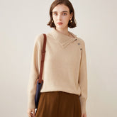 Asymmetric Button Detail Knit Cashmere Turtleneck Sweater