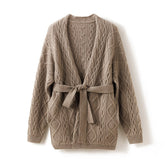 Open Front Cashmere Belted Cable Knit Wrap Tie Waist Cardigan