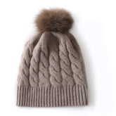 Cashmere Beanie Fur Pom Pom Cable Knit Beanie Hat