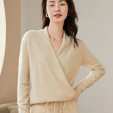 V-Neck Knitted Pullover Cashmere Wrap Sweater with Draped Front