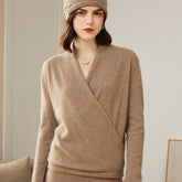 V-Neck Knit Wrap-Front Crossover Pullover Pure Cashmere Sweater