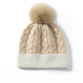 Cashmere Knitted Thicken Chunky Cable Beanie Hat with Fur Pom Pom