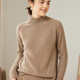 Ribbed Cashmere Mock Neck High Neck Pullover Loose Sweater
