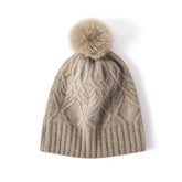 Pure Cashmere Cable Knit Beanie Hats With Fur Pom Pom Ski Cap