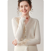 Women's Floral Lace Trim Cashmere Wool V-Neck Knitwear Cardigan