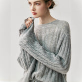 Cashmere Silk Cable Knit Oversized Crew Neck Pullover Sweater