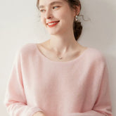 Elegant Relaxed Fit Knit Pullover Women's Cashmere Wool Boat Neck Sweater