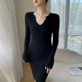 Ribbed Cashmere-Wool V-Neck Slim Fit Mid Length Sweater Dress