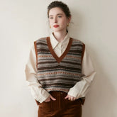 Casual Women's Cashmere Striped V-Neck Wool Knit Sweater Vest