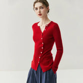Women's Asymmetric Button Front Fitted Knit Ribbed Cashmere Sweater