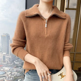 Women's Soft Ribbed Knit Zip Collar Cashmere Wool Pullover Sweater