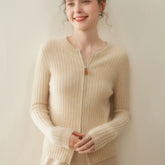 Women's Slim Fit Round Neck Knit Sweater Cashmere Blend Ribbed Zip Cardigan