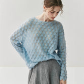 Women's Round Neck Cashmere Silk Openwork Knit Pullover Pointelle Sweater