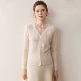 Soft V-Neck Button Front Knit Lace Trim Cashmere Wool Cardigan Sweater