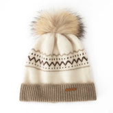 Cashmere Fair Isle Knit Beanie Hat with Fur Pom-Pom