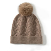 Cashmere Beanie Cable Knit Beanie Hat with Fur Pom Pom