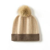 Knitted Cashmere Ribbed Beanie with Faux Fur Pom Hat Skull Cap