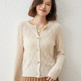 Button-Up O-Neck Hollow Cardigan Sweater Wool Knitwear Basic Tops