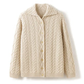 Cashmere Cable Knit Button-Up Thick Lapel Sweater Cardigan