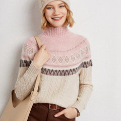 Women’s Soft Cashmere Cable Knit Fair Isle Pattern Turtleneck Sweater