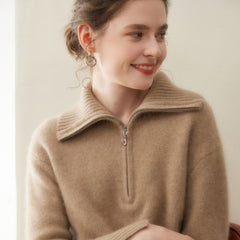 Women’s Cashmere Half-Zip Pullover Relaxed Fit Knit Sweater with Ribbed Cuffs
