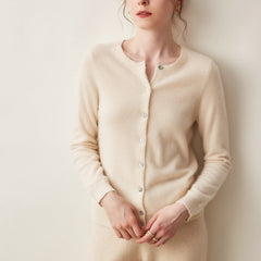 Cashmere Crew Neck Button Front Cardigan Fine Knit Ribbed Hem Sweater