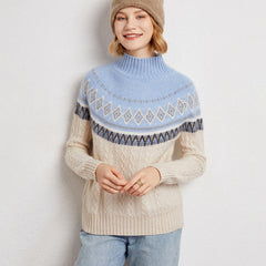 Women’s Soft Cashmere Cable Knit Fair Isle Pattern Turtleneck Sweater