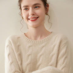 Cashmere Cable Knit Crew Neck Relaxed Fit Pullover Sweater with Ribbed Cuffs